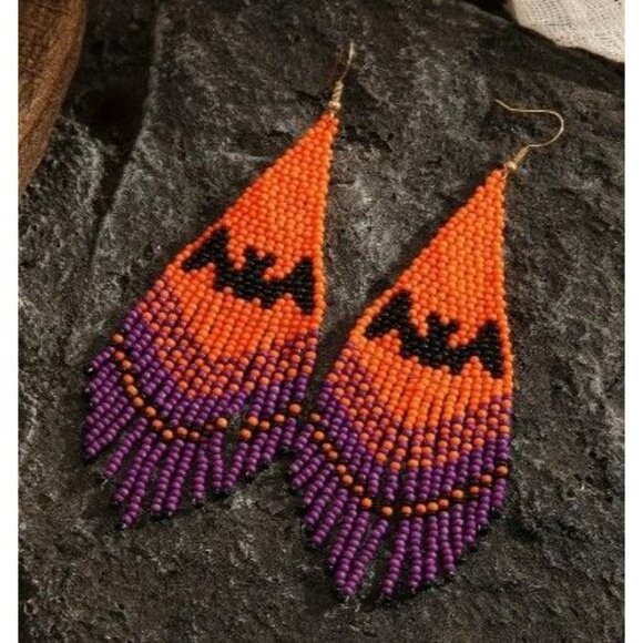 Halloween Handmade Bead Bat Pattern Dangle Earrings - Picture 3 of 5